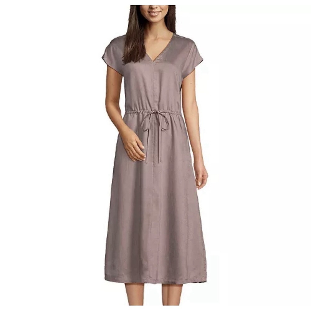 Lands End V-Neck Midi Dress • S (6-8) • Taupe 100% Lyocell • Pockets